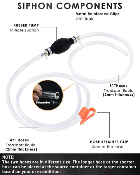 Portable Manual Gasoline Siphon Pump With Dual PVC Hoses For Oil And Water, showing rubber pump, metal clips, hose retainer