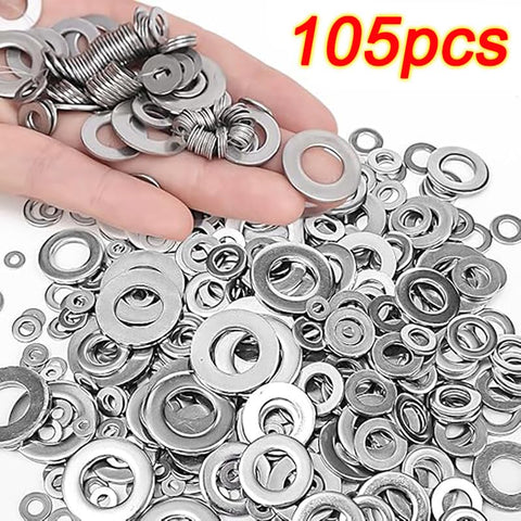 105 Piece 304 Stainless Steel Flat Washers And Fender Washers Set in Six Sizes M3 M4 M5 M6 M8 M10 displayed on hand