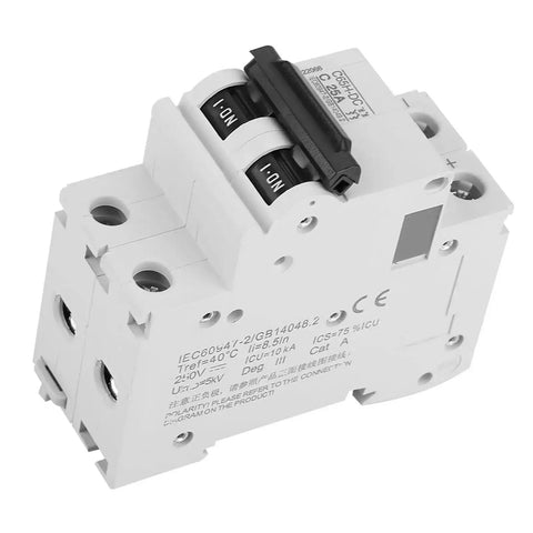 2P Low Voltage DC Miniature Circuit Breaker For Solar Panel Grid Systems 25A showing front view with black switch.