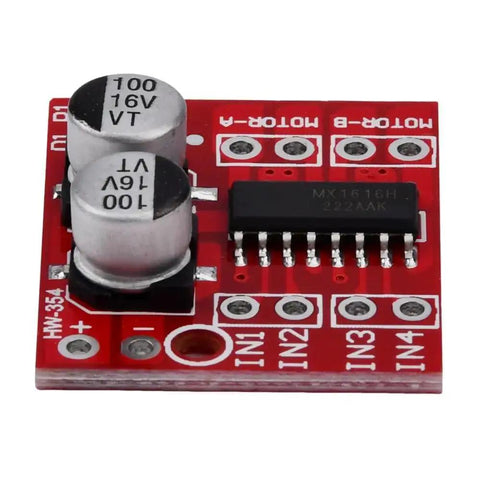 Dual H Bridge DC Stepper Driver Module 1.5A per channel, red circuit board, capacitors, and connectors