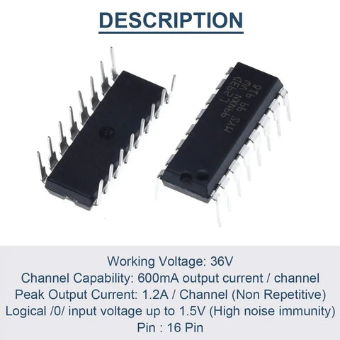 L293D Four Channel Motor Driver Module DIP16 for Arduino DIY Projects, close-up view of two 16 pin ICs with specs in text