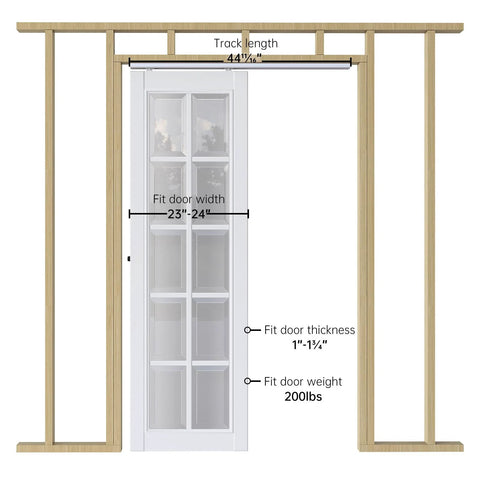 4Ft Sliding Pocket Door Hardware Kit With Soft Close, Aluminum Box Rail, Easy Install, 44.5 Inch Track Kit for 23 to 24 Inch Wide Single Doors, illustration of frame and rail.