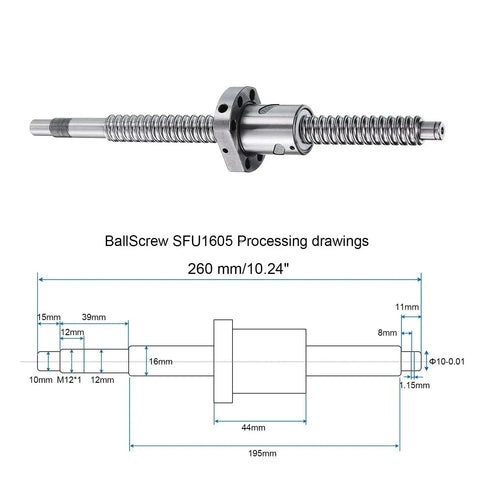 Diagram of Beefy Ball Screw SFU1605 16mm Diameter 5mm Lead 260mm Length with Anti Backlash Kit for CNC Machines