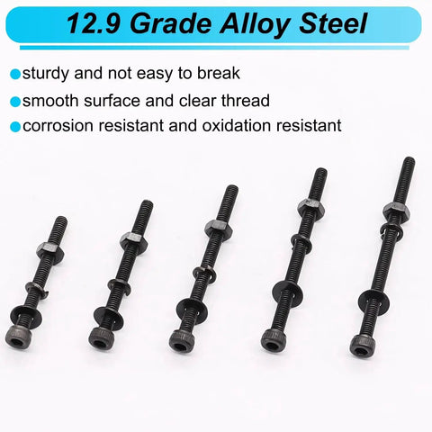 Complete M3 Hex Socket Head Cap Screws Kit With Nuts Washers And Lock Washers, M3 30 35 40 45 50mm Metric Bolts, 12.9 Grade Alloy Steel, 420 Pcs Handy For Appliances Furniture Repair And DIY Projects displayed on a white background with size variations and material details.