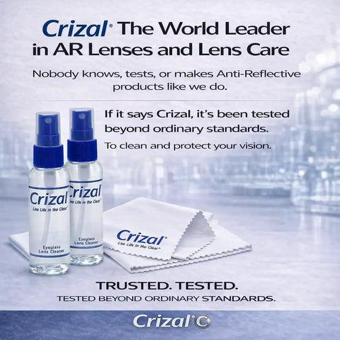 Crizal lens cleaner bottles and microfiber cloths for eyeglasses, highlighting trusted care for AR coatings