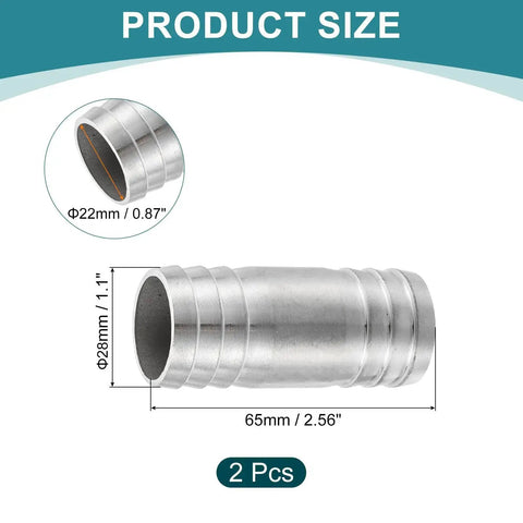 Two Pack One And One Eighth Inch Hose Barb Equal Pipe Fittings Made From 304 Stainless Steel Adapters For Vacuum Systems Industrial Connections And Pneumatic Equipment Heavy Duty with dimensions shown