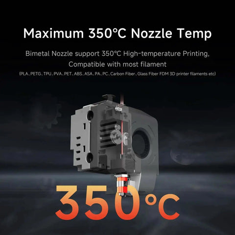 Rocket Fast 3D Printer With Auto Leveling And Camera, showing 350 Celsius hotend nozzle for high-temperature printing.