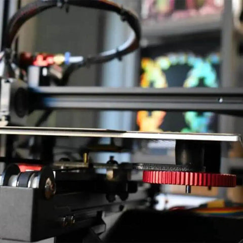 3D printer with 12Pcs Silicone Bed Spacers And Mounts For 3D Printers Easy Bed Leveling Kit installed, showing red spacer.