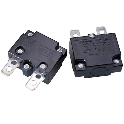 Two Pack 10A Auto Reset Thermal Circuit Breaker For 125 To 250V AC 50V DC Overload Protector shown in close-up view