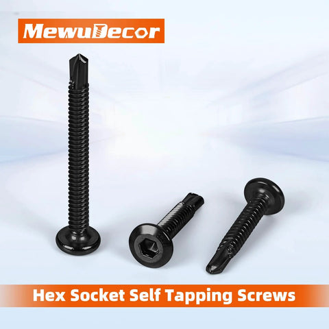 Size Twelve Hex Socket Self Tapping Screws Three Quarter Inch Stainless Steel 410 Sheet Metal Flat Head Black Oxide Finish Fifty Pack Built For Wood Metal And Other Tough Jobs displayed on a white background