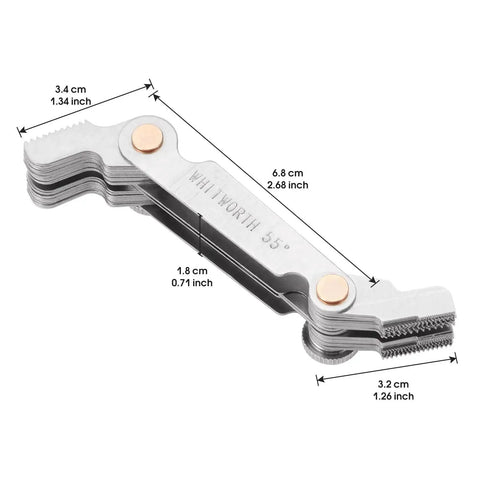 All In One 3 In 1 Thread Gauge Pro For Metric 60 Degree Whitworth 55 Degree And SAE 60 Degree Threads In Stainless Steel With Locking Mechanism.