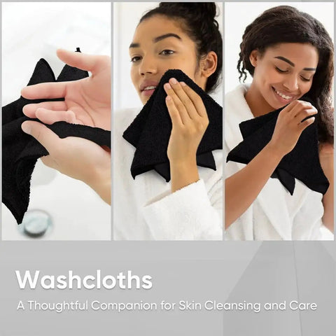 Black Microfiber Washcloths 24 Pack 12x12 Inches for Makeup Removal and Spa shown in use for facial cleansing.