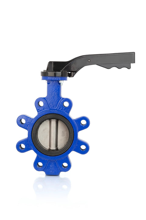 UNOX lug-type butterfly valve DN100 blue cast-iron body with black lever handle and EPDM gasket.