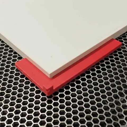 Red Seven Magnet 90 Degree Magnetic Square Corner Jig for laser beds on honeycomb surface, alignment tool visible