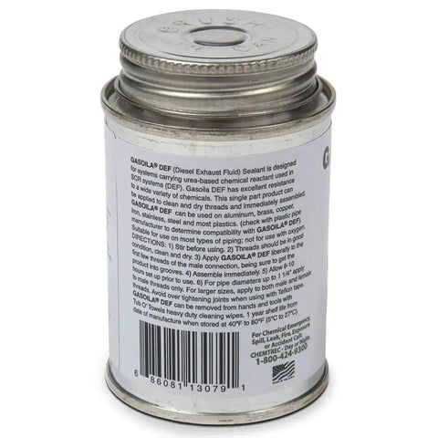 Back view of Diesel Exhaust Fluid DEF Thread Sealant With Brush Quarter Pint container with product details on label