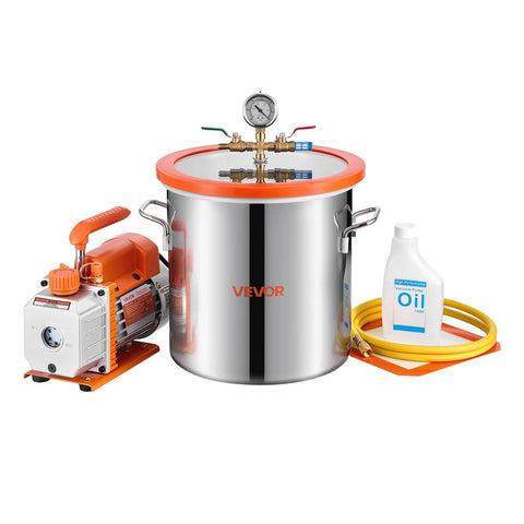 VEVOR 3 Gallon stainless vacuum chamber with tempered glass lid, pump, hose, and oil bottle for degassing resin and wood.