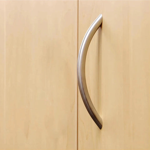 Transitional Tapered Curved Arch Drawer Handle Pull in Satin Nickel Finish installed on cabinet