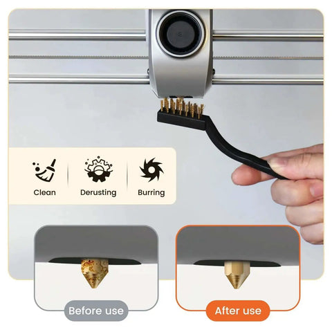 Person using copper wire brush from Pro Grade 3D Printer Nozzle Cleaning Kit With Soft Rubber Handle, 0.4mm Cleaning Needles And Copper Wire Brush.