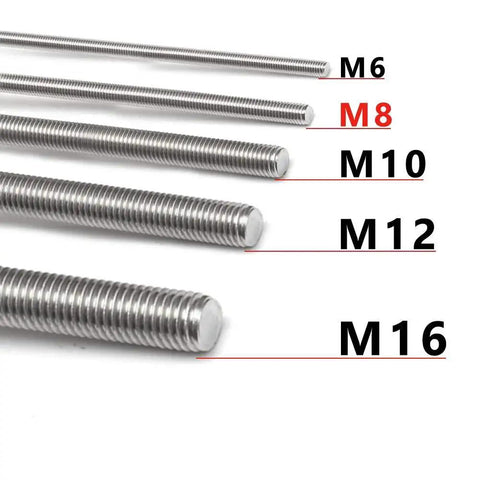 M8 1.25mm 304 Stainless Steel Fully Threaded Rod 250mm displayed among other sizes M6, M10, M12, M16
