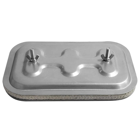 Duct access door, 10 x 6 in, metal lid with gasket and wing-nut bolts.