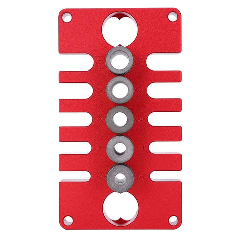 Front view of 3-In-1 Dowel Jig Drill Guide Block for Woodworking, Aluminum Alloy Hole Locator Delivers Precise Dowel Holes and Easy Plate Furniture Assembly, Punch Positioner for Accurate Hole Alignment, red aluminum body with drill bushings.
