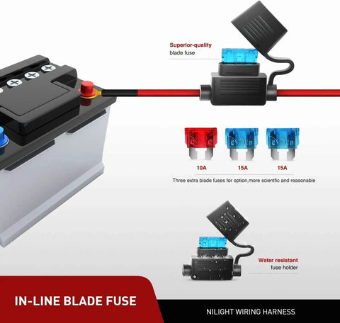 In-line blade fuse shown with water-resistant holder and extra fuse options for 2 Pack 16AWG LED Light Bar Wiring Harness Kit With 2 Leads 12V.