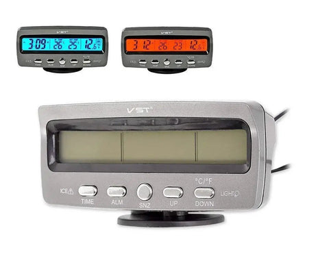 4 In 1 Car LED Clock Thermometer Voltmeter With Time Temperature 12V showing time, temperature, and voltage on blue and orange displays.