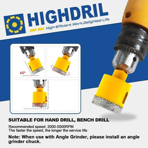 Illustration of a drill using a dry diamond core drill bit 38mm one and a half inch triangle shank vacuum brazed hole saw for concrete, granite, marble, tile, masonry, dry or wet use.