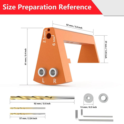 Undermount Drawer Drilling Guide Pro Kit With Aluminum Drill Angle Guide And Steel Inserts dimensions and components