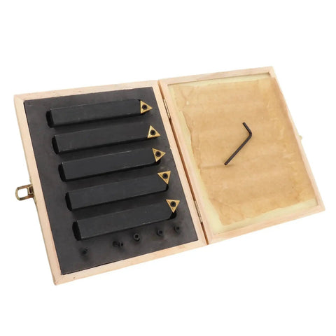 Five-Piece Carbide Turning Tool Set With Three-Quarter Inch Indexable Turning Tools And 60 Degree 75 Degree And 90 Degree Inserts, Multi-Function Cutter Kit For Turning Facing Boring Chamfering Threading And V-Groove Metalworking in wooden case with hex key.