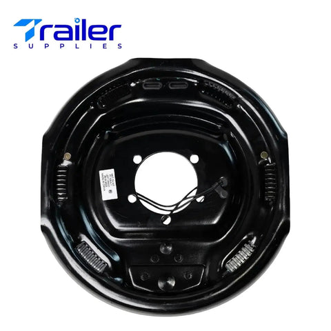 Front view of black metal 12x2 inch TrailerSupplies electric trailer brake backing plate with springs