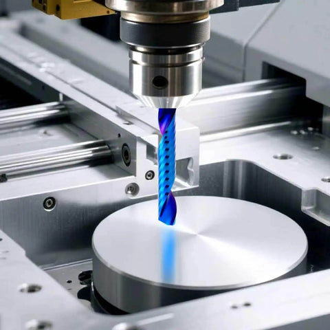 Close-up of CNC machine using Upcut Spiral Router Bit, Pro Grade Carbide With Blue Coating, Single Flute, Flat Top, One Quarter Inch Shank