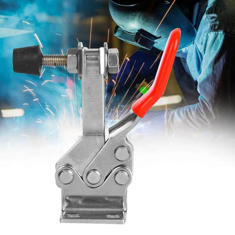 304 Stainless Steel Toggle Clamp, Beast Mode Heavy Duty 280Kg Clamping Force For Welding Fixtures And Woodworking Jigs, Quick Release Horizontal Clamp With 4 Hole Base And Rubber Pad, Rust Resistant, Built For Real World Shops in a welding environment.