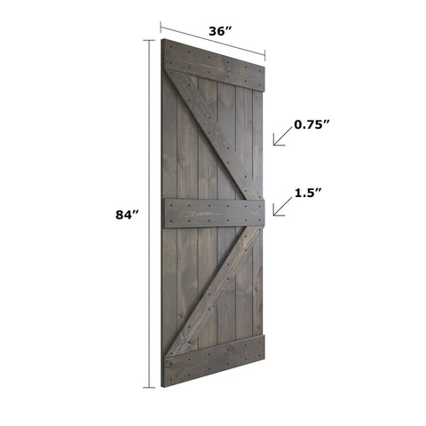36 Inch By 84 Inch DIY Solid Interior Barn Door Kit With Knotty Pine, Painted Dark Gray Finish, Side View Dimensions Shown