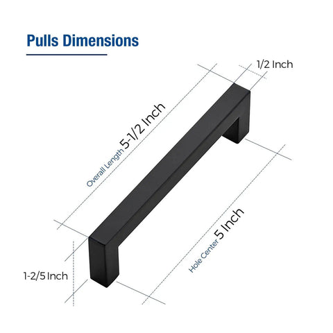 Sleek Black Cabinet Pulls 5 Inch Square Drawer Handles 128mm Hole Centers 2 Pack For Kitchen Cabinets And Closets, Dimensions View