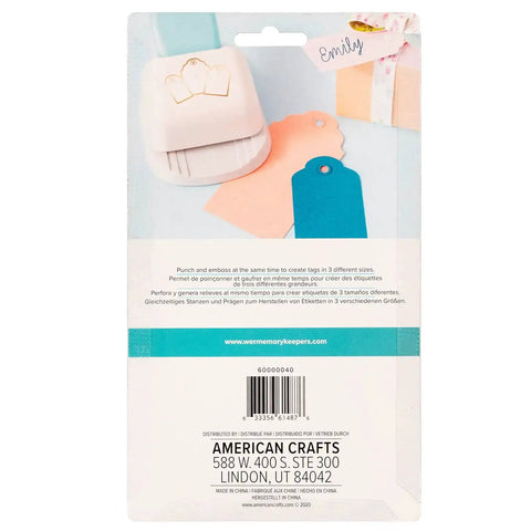 Back packaging of 3-In-1 Round Tag Punch For Crafting And Scrapbooking, showing multi-color tags and tool features