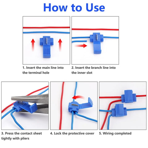 Blue insulated quick-splice wire connectors, 150 pcs, solderless snap terminals for 22-10 AWG, how-to-use diagram.