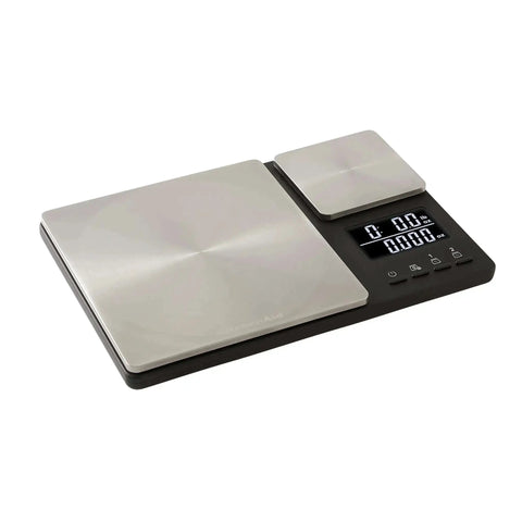Stainless steel dual platform digital kitchen scale with 11 lb and 16 oz capacity, backlit LCD, for home chefs requiring precise measurements.