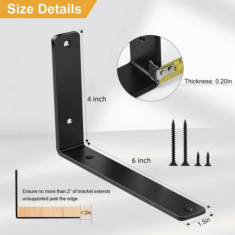 Four Pack L Shaped Shelf Brackets 6 Inch Long by 4 Inch High by 1.5 Inch Wide 5mm Thick Matte Black Iron with screws