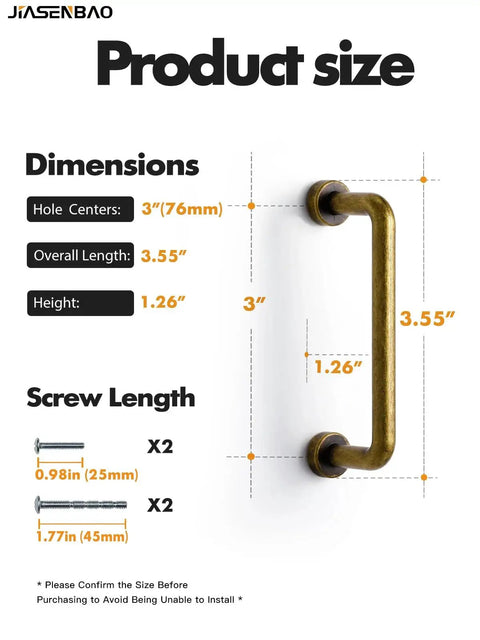 Dimensions of 10 Pack Antique Brass Cabinet Bar Pulls 3 Inch Center To Center with included screw lengths shown