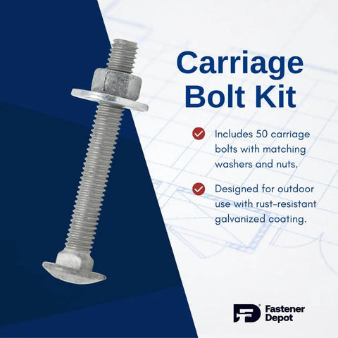 Five Sixteenth By Eighteen Fully Threaded Carriage Bolt Kit For Exterior Use With Hot Dipped Galvanized Finish Heavy Duty Outdoor Grade A307