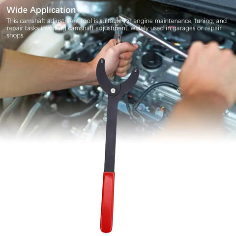 Front view of NOENNULL camshaft pulley holder tool with black steel forks and red handle.