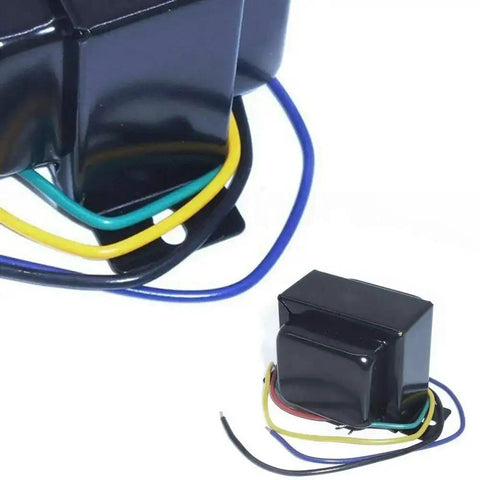 Close-up image of Single Ended Output Audio Transformer For Tube Amp 5K Primary 5W Secondary 0 Ohm 4 Ohm 8 Ohm, black lacquer finish with wires.
