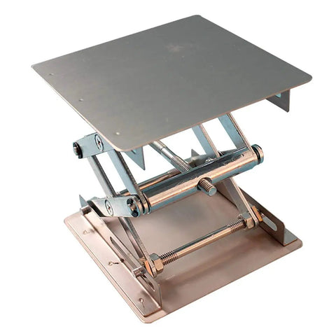 Stainless Steel Lab Jack Stand Scissor Lift Table 4x4 Inch Adjustable Height shown in raised position