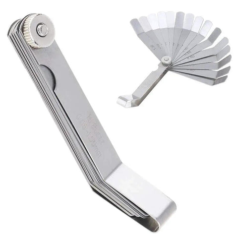 Curved Steel Gapped Feeler Gauge Set For Woodworking With 16 Blades And 0.05 To 1 Millimeter Thickness Range, 100A16 Model in use