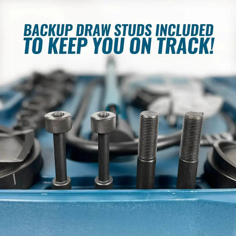 Backup draw studs in Heavy Duty Hydraulic Knockout Punch Kit for Electrical Conduit Holes, 4 Inch Size, 13 Ton Power, 10 Die Set.