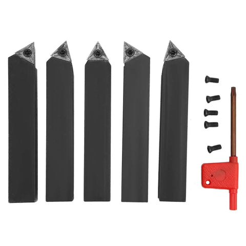 Five-piece All In One Pro Grade Carbide Turning Tool Set with 3/4 inch shanks, indexable cutter heads, and screws visible.