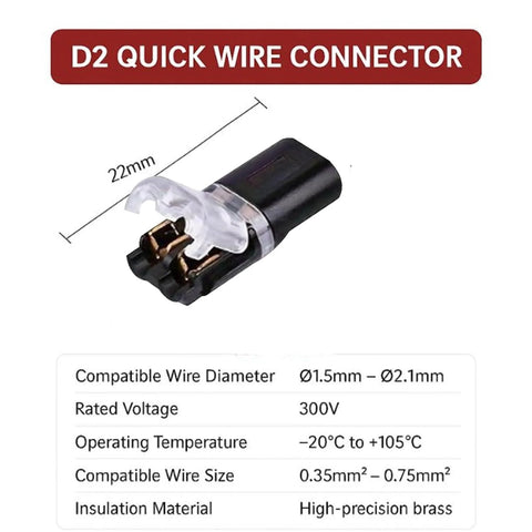 D2 Quick Wire Connector with high-precision brass insulation, 22mm length, compatible with 0.35mm² to 0.75mm² wire size.