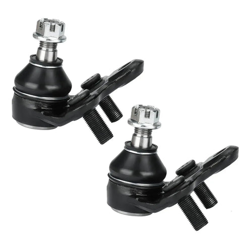 Two black front lower control arms with ball joints and mounting bolts; automotive suspension parts