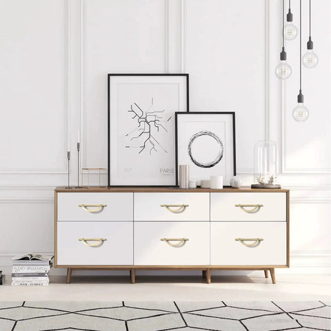 Brushed Gold Cabinet Pulls 5 Inch 128mm Hole Centers 10 Pack Handles For Kitchen Showcase on Light Wood Dresser